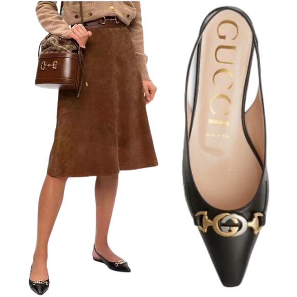 Gucci Zumi GG Interlocking Logo Pointed Toe Slingback Flats Black Size 37 - Picture 1 of 12